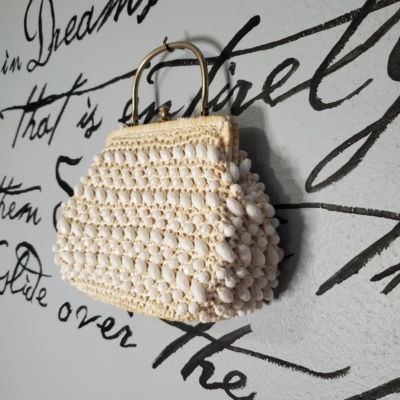 Vintage 1950’s Mid-Century Ivory Italian Beaded Handbag w/ Metal Handle - Picture 2 of 9